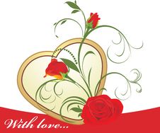 Red Roses With Floral Ornament And Golden Heart Royalty Free Stock Image Red Roses With Floral Ornament And Golden Heart Royalty Free Stock Image