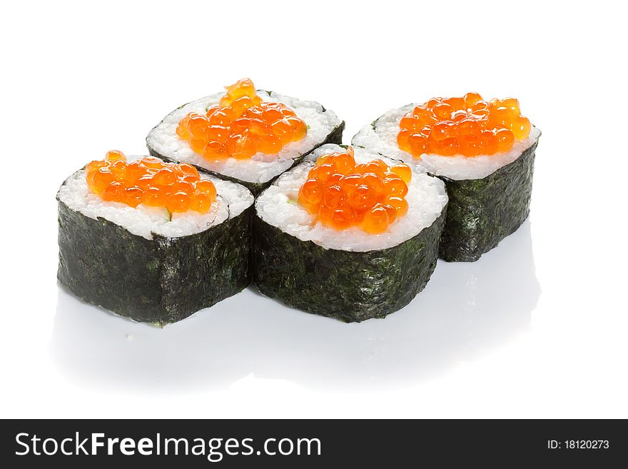 Sushi maki with  red caviar on white ground. Sushi maki with  red caviar on white ground