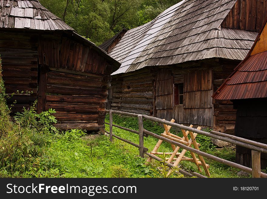 Row of Traditional Slovakian Timber Houses with Wooden Roof.