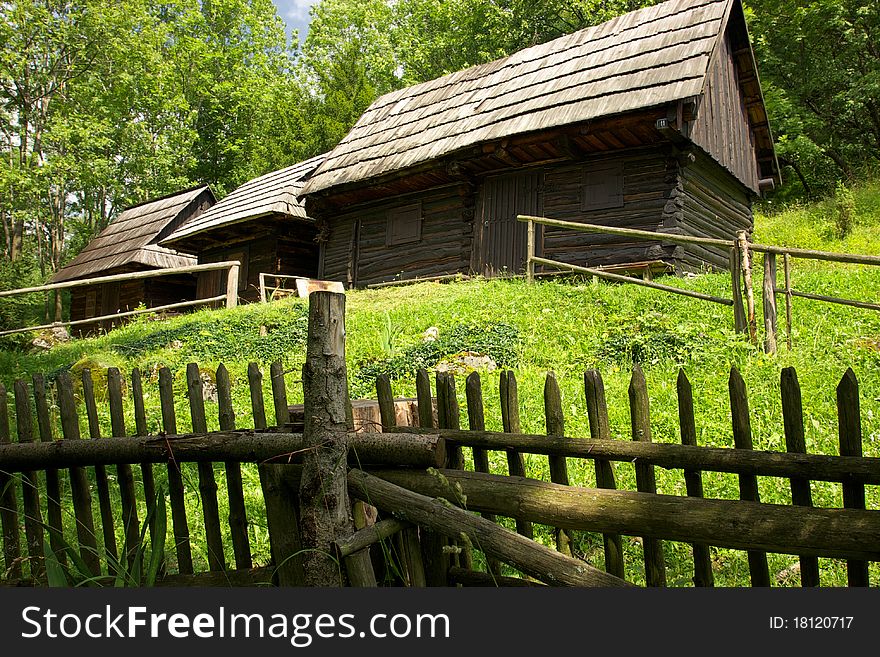 Row of Traditional Slovakian Timber Houses with Wooden Roof.