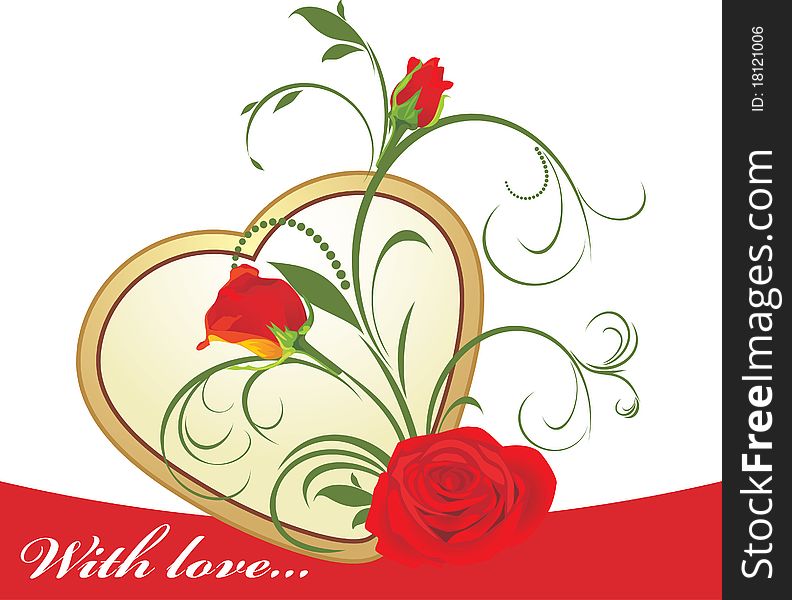 Red roses with floral ornament and golden heart. Illustration