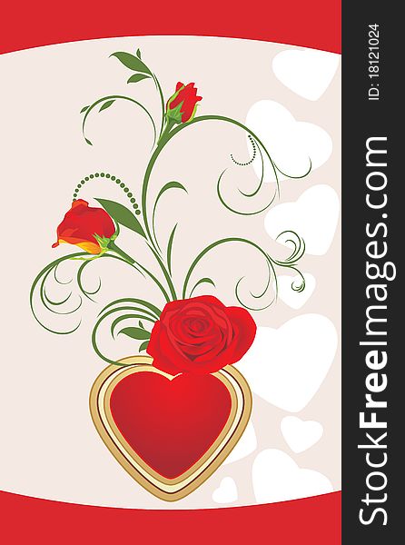 Red roses with floral ornament and heart. Card