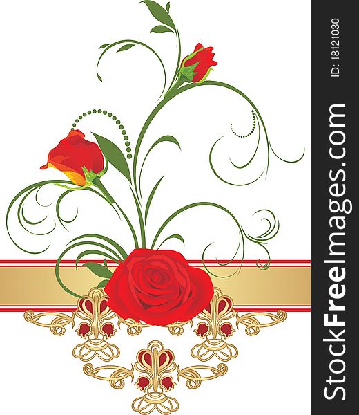 Red roses with floral ornament. Retro style. Illustration