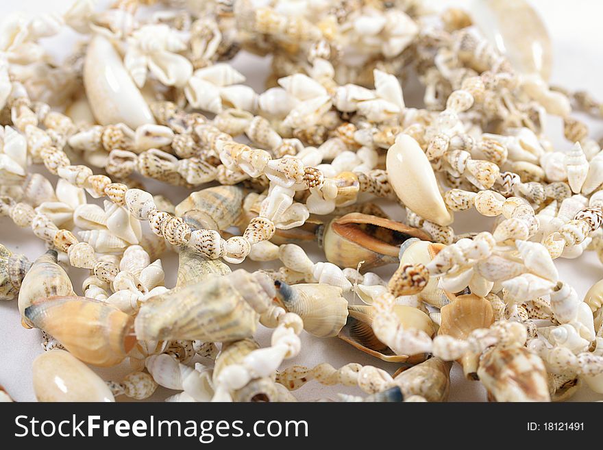 Close up of shell necklaces. Close up of shell necklaces.