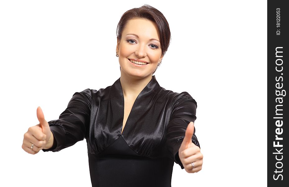 Happy young woman raising hands in joy and freedom against white background. Happy young woman raising hands in joy and freedom against white background