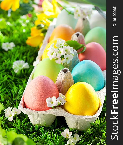 Colored Easter Eggs in an egg box on grass. Colored Easter Eggs in an egg box on grass