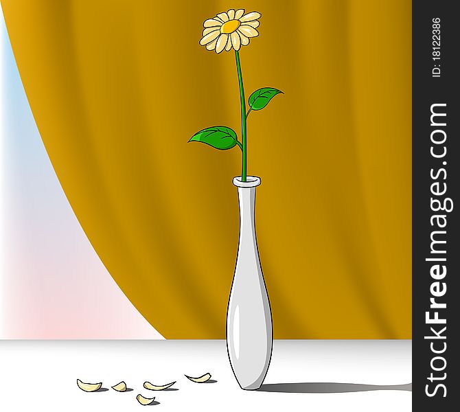 Vector illustration. Cartoon flower in vase with curtain on background