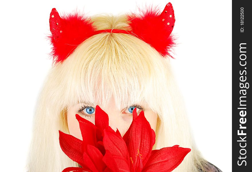 Nice blond Evil girl with blue eyes portret isolated on the white background. Studio shoot.