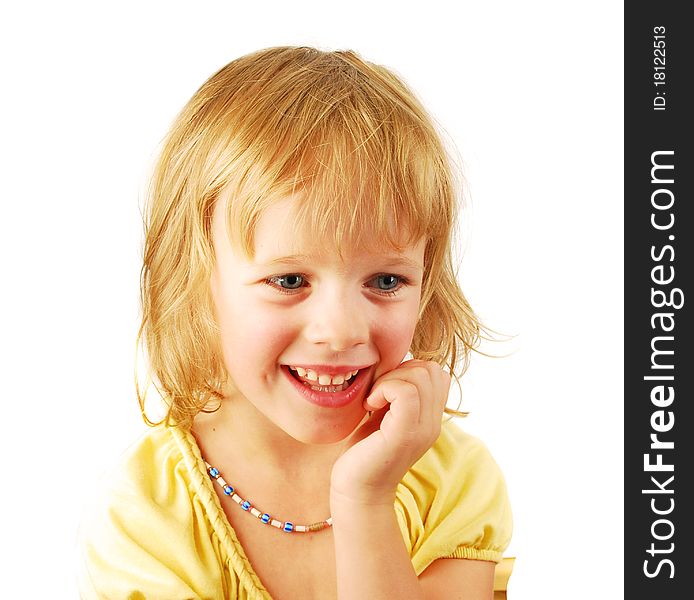 Portrait of a happy little girl on the white isolated background.