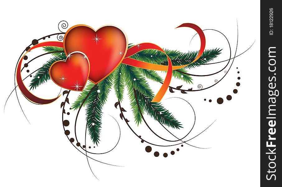 Two hearts and a ribbon on the vegetation background. Two hearts and a ribbon on the vegetation background