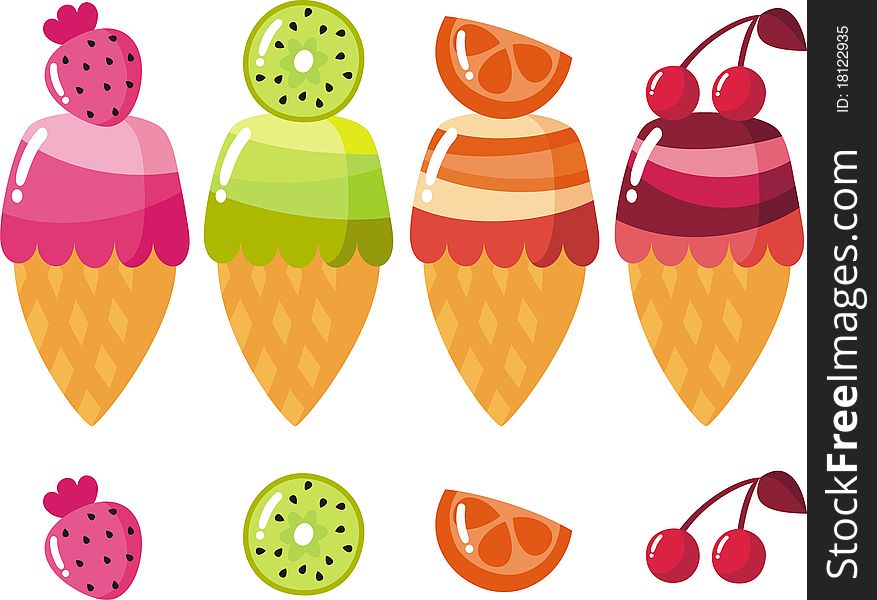 Bright fruit ice-cream cone. Bright fruit ice-cream cone