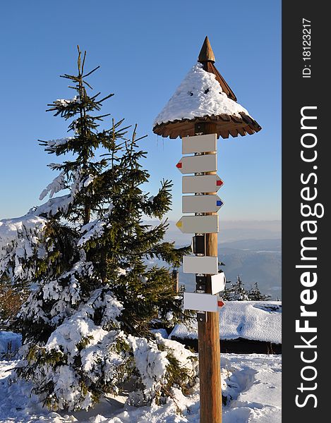 Mountain sign post in beskydy mountains