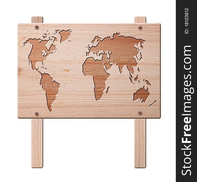 World map carved in a wooden sign, isolated, clipping path. World map carved in a wooden sign, isolated, clipping path.