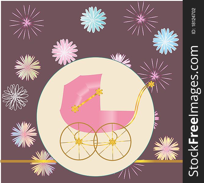 Pink baby carriage.Vector background. Pink baby carriage.Vector background