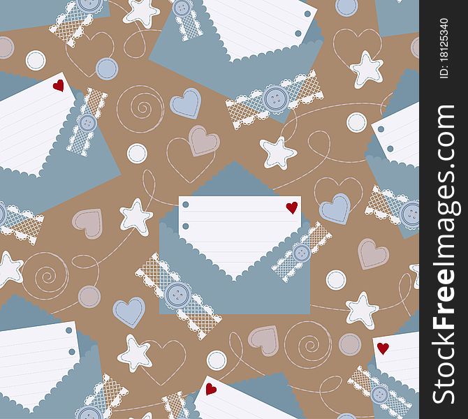 Seamless background with envelops, hearts and stars. Seamless background with envelops, hearts and stars