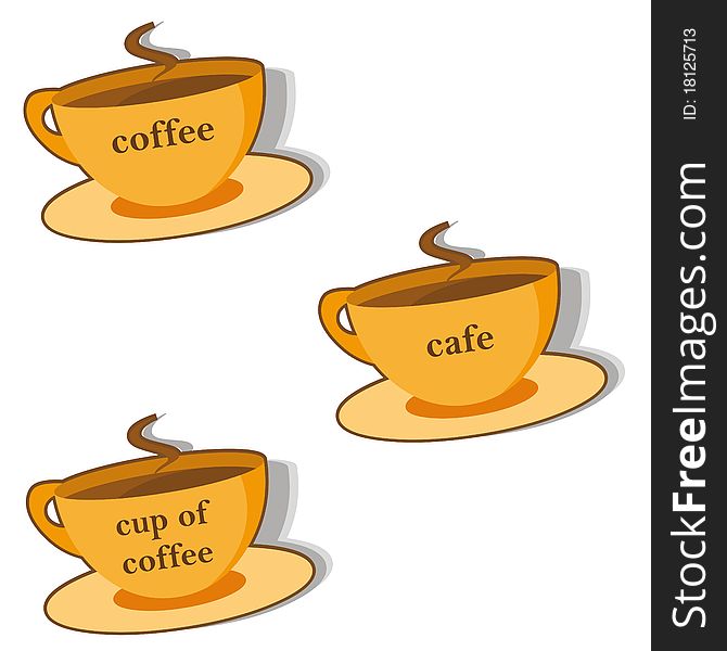 Labels show cup of hot coffee. Labels show cup of hot coffee