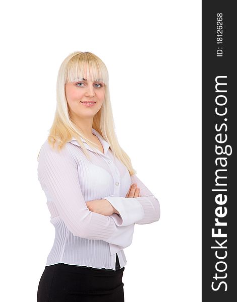 Business woman smiling isolated over a white background