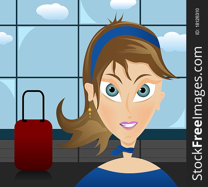 Vector illustration of an air hostess in front of the airport. Vector illustration of an air hostess in front of the airport.