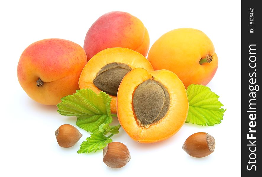 Apricots and nuts on white background