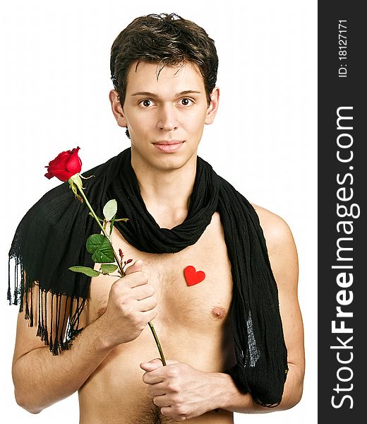 Young half-naked man with black scarf and red rose with some small hearts on his body. Young half-naked man with black scarf and red rose with some small hearts on his body