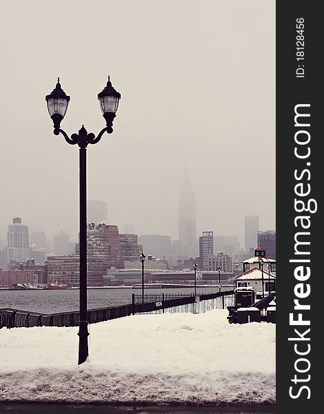 A view of Manhattan during the snowstorm from NJ side. A view of Manhattan during the snowstorm from NJ side