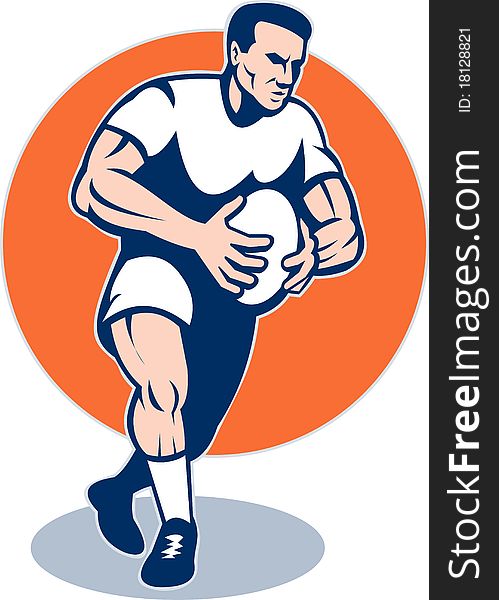 Illustration of a rugby player running with ball done in retro style