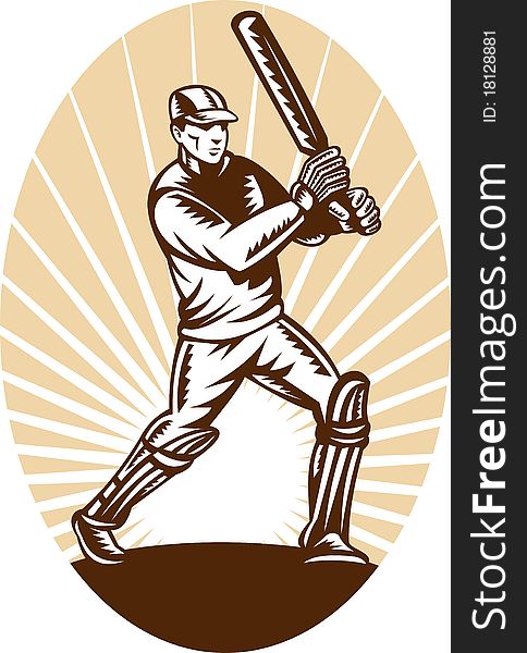 Illustration of a cricket batsman batting front view done in retro woodcut style. Illustration of a cricket batsman batting front view done in retro woodcut style