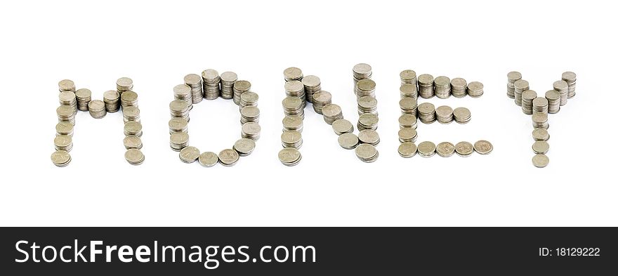 Money word with coins line isolated on white background