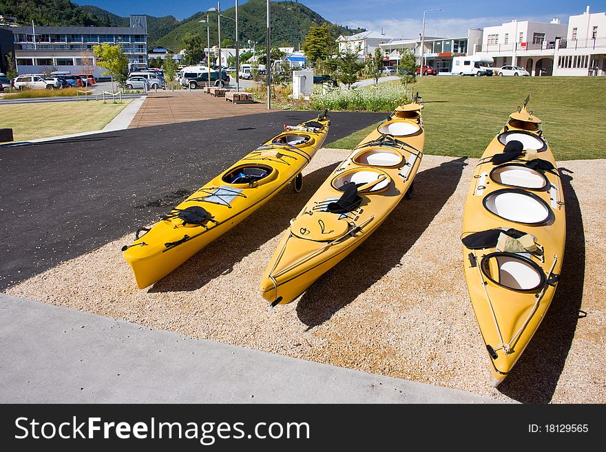 Kayaks for hire on Picton waterfront, New Zealand. Kayaks for hire on Picton waterfront, New Zealand