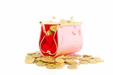 Coin Bag & Stacks Of Gold Coins Royalty Free Stock Photo
