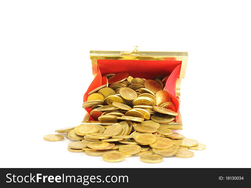 Coin Bag & Stacks of Gold Coins on white background.