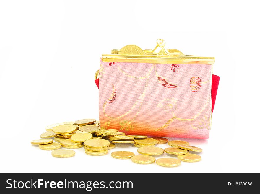 Coin Bag & Stacks of Gold Coins on white background.