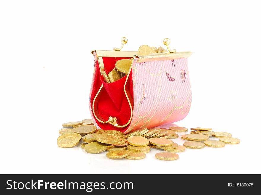 Coin Bag & Stacks of Gold Coins on white background.