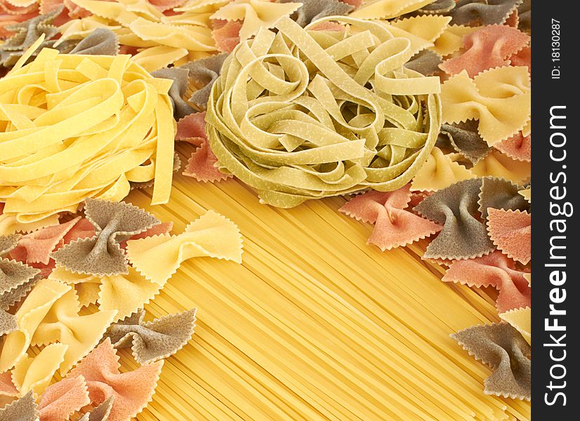 Italian pasta spagetti, tagliatelle and farfalle. Italian pasta spagetti, tagliatelle and farfalle