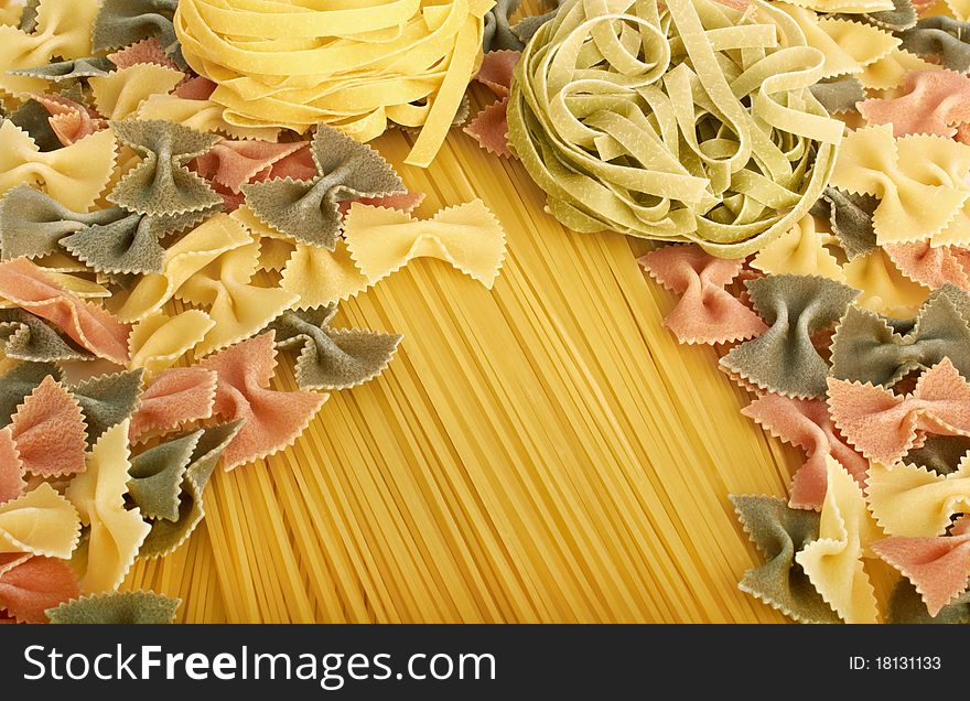 Italian pasta spagetti, tagliatelle and farfalle. Italian pasta spagetti, tagliatelle and farfalle