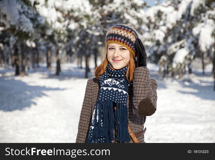 Beautiful Young Red-haired Woman In Winter Park