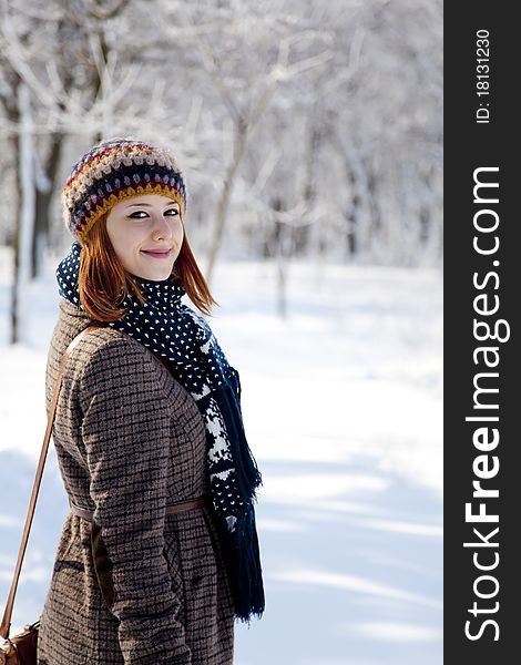 Beautiful young red-haired woman in winter park