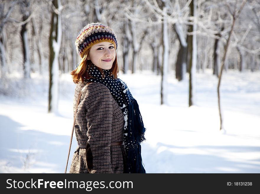 Beautiful young red-haired woman in winter park