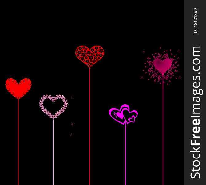 A black background with pink and red stalks and hearts patterns. A black background with pink and red stalks and hearts patterns