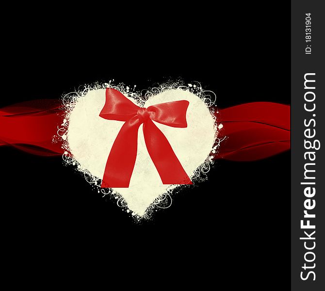 A black background with a big white heart and a red bow. A black background with a big white heart and a red bow