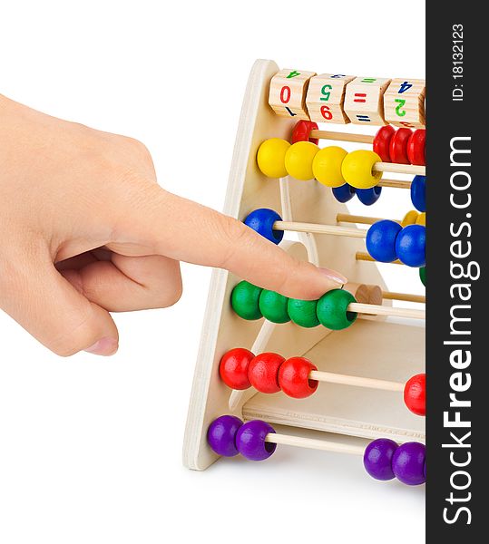 Hand and abacus isolated on white background