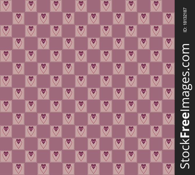 Tiled background pattern. Hearts on checked violet background