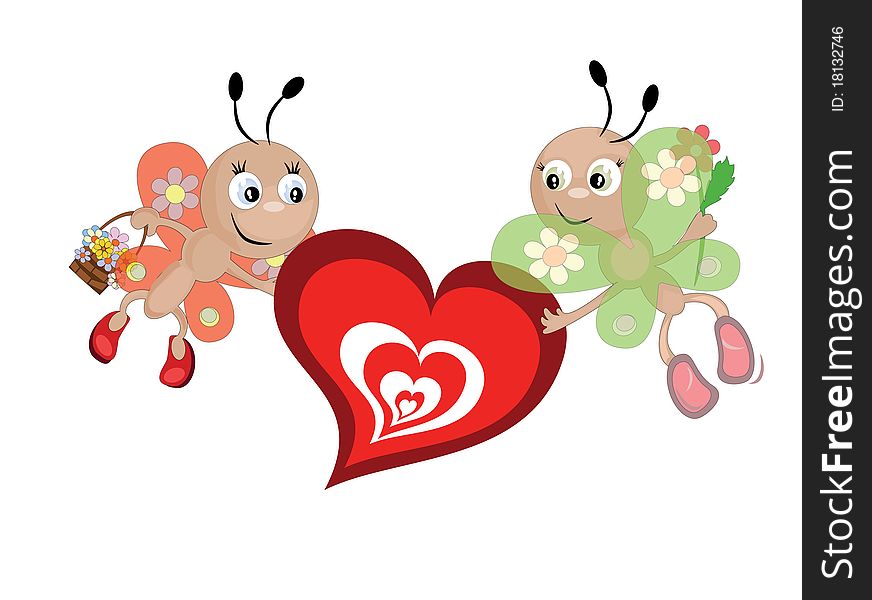 Two funny butterflies with hearts