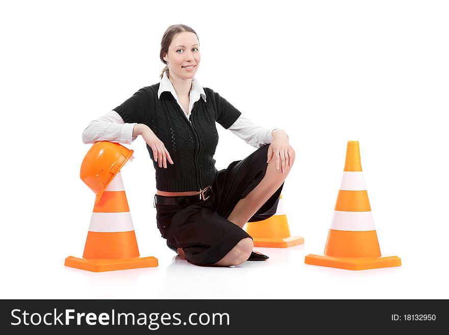 A business woman With cones over white background. A business woman With cones over white background