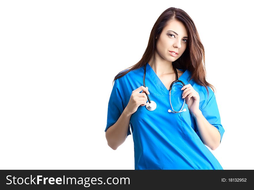 Woman doctor in uniform on white background