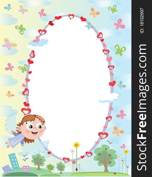 Oval frame with angel boy and insects.