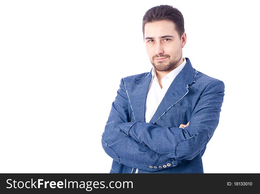 Portrait of serious man in blue jacket. Portrait of serious man in blue jacket