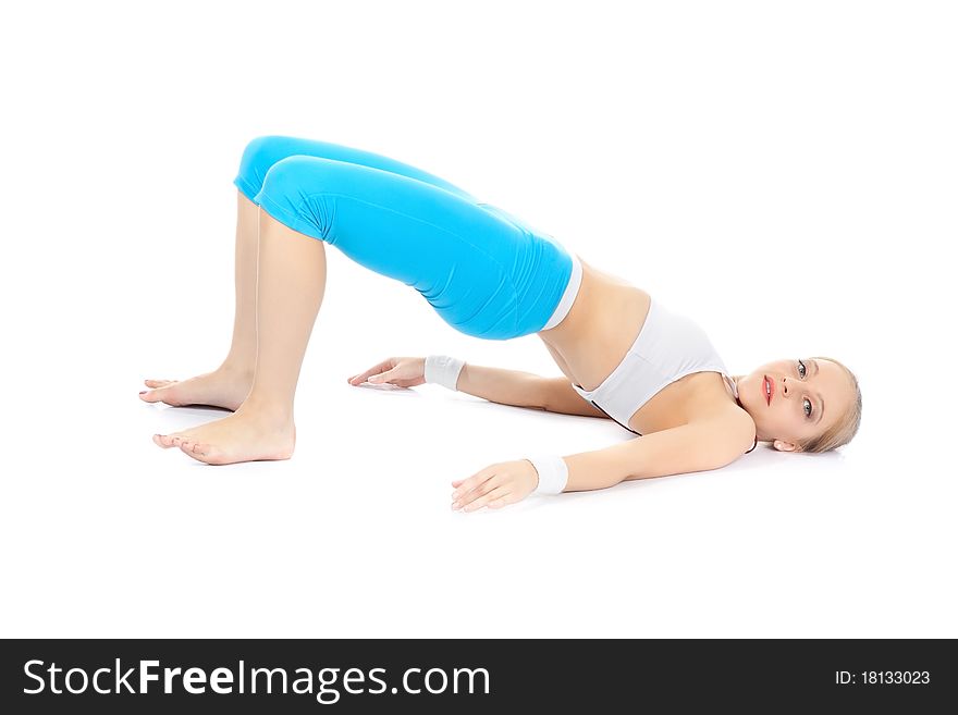 Women in fitness over white background with blond hair