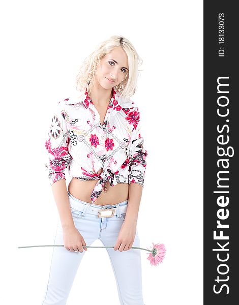 Blond model wearing a color shirt on a white background