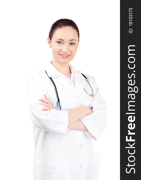 Woman doctor in uniform stay over white background